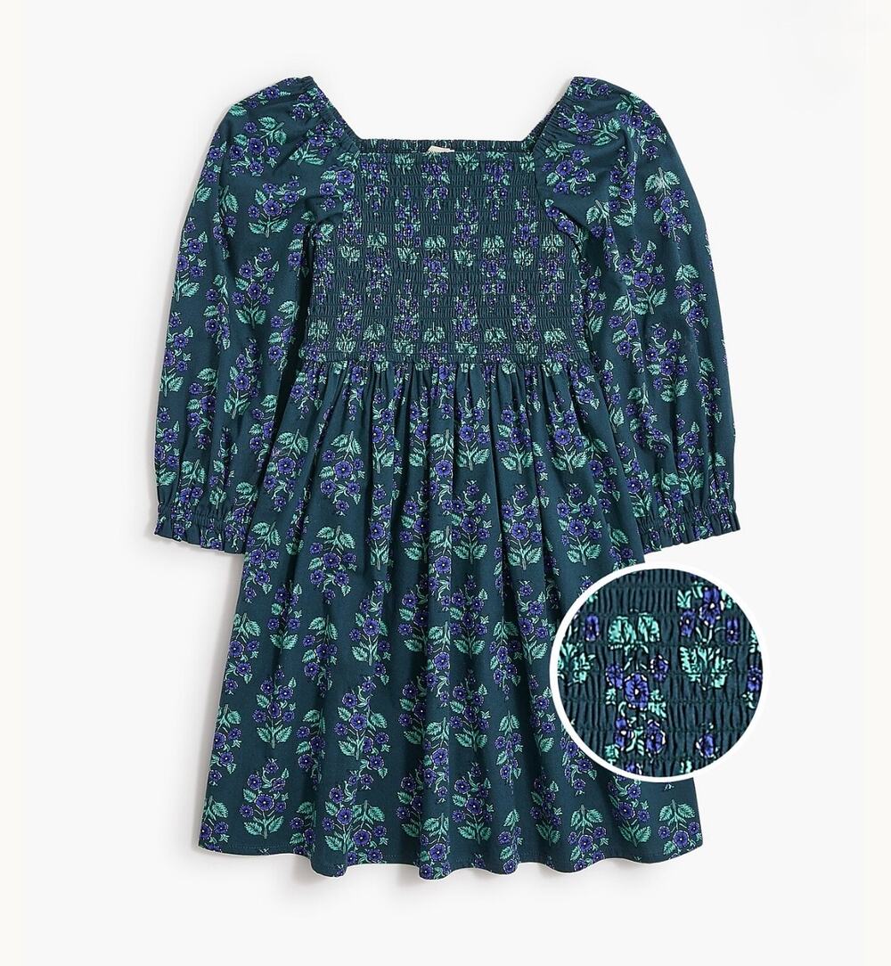 Crewcuts Long Sleeve Floral Block Print Dress Girl's Size 4 Smocked Blue Green
